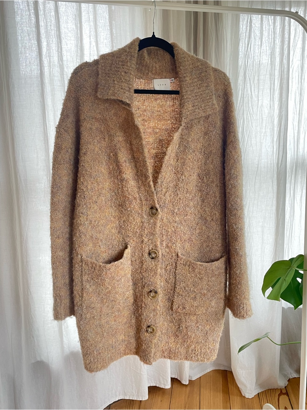 Lush Heathered Camel Button-Front Pocket Cardigan